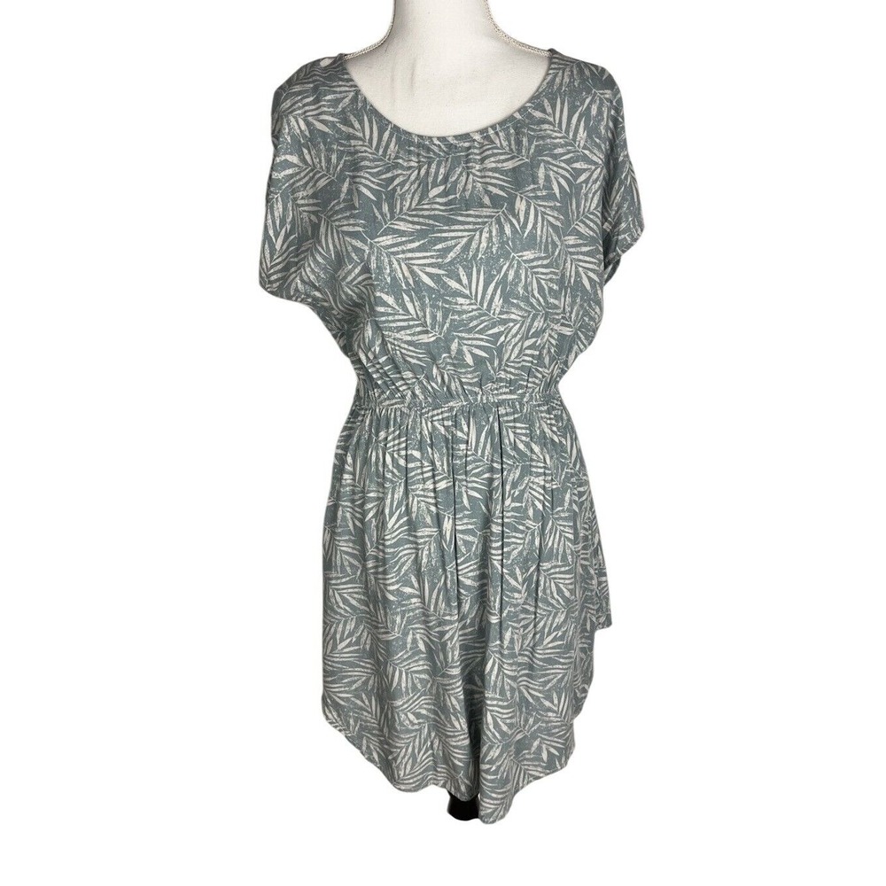 Final Touch Blue Leaves Print Elastic Waist Flare Casual Boho Dress Size M Rayon